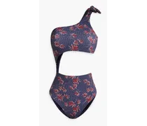 Ibiza one-shoulder cutout printed stretch-piquè swimsuit - Blue