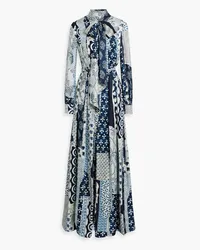 Oscar de la Renta Pussy-bow patchwork-effect silk-twill maxi shirt dress - Blue Blue