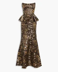 Marchesa Strapless metallic brocade peplum gown - Black Black