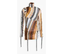 Crystal-embellished metallic crochet-knit turtleneck top - Brown