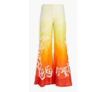 Printed linen and silk-blend flared pants - Orange