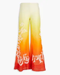 Zimmermann Embroidered dégradé linen and silk-blend flared pants - Orange Orange