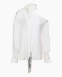 Brunello Cucinelli One-sleeve tie-neck fringed silk-twill top - White White