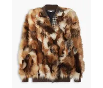 Vilma faux fur and houndstooth wool-tweed jacket - Brown