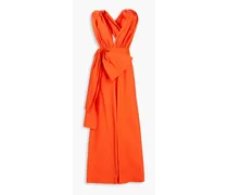 Bow-embellished gathered cotton-twill jumpsuit - Orange