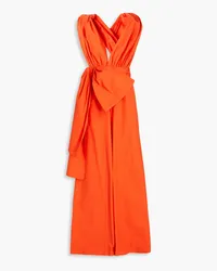 Oscar de la Renta Bow-embellished gathered cotton-twill jumpsuit - Orange Orange