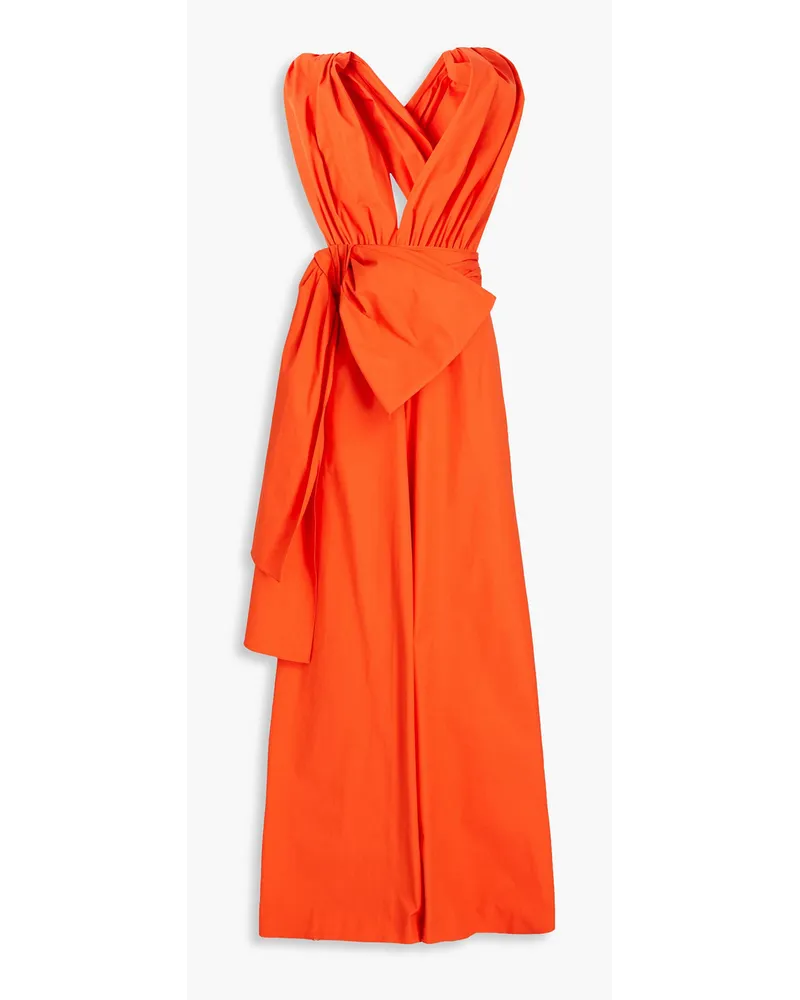 Bow-embellished gathered cotton-twill jumpsuit - Orange