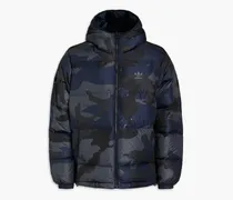 Printed quilted shell hooded down jacket - Blue