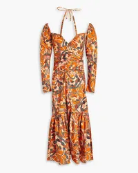 A.L.C. Ruched printed cotton midi dress - Orange Orange