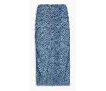Button-embellished ruched floral-print crepe midi skirt - Blue
