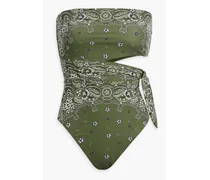 Cutout paisley-print bandeau swimsuit - Green