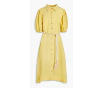 Pouf belted linen-blend gauze midi shirt dress - Yellow