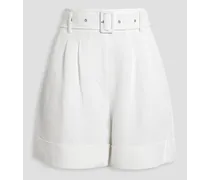 Pleated belted slub woven shorts - White