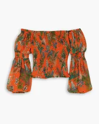 L'Agence Cece off-the-shoulder smocked printed crepe de chine blouse - Orange Orange