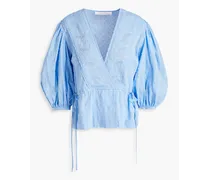 Wrap-effect fil coupé cotton blouse - Blue
