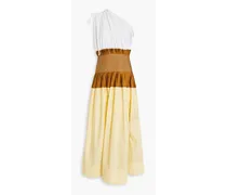 One-shoulder pleated cotton midi dress - Yellow