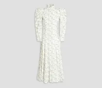 Gathered floral-print cotton-poplin midi dress - White