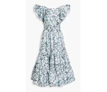 Ruffled floral-print satin-twill midi dress - Blue