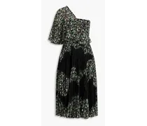 One-shoulder floral-print fil coupé and lace midi dress - Black