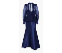 Wrap-effect organza-paneled satin gown - Blue