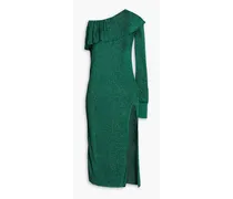 One-shoulder metallic knitted midi dress - Green