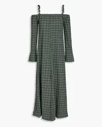 Ganni Cold-shoulder checked seersucker midi dress - Green Green