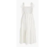 Billie gathered slub linen and silk-blend midi dress - White