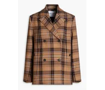 Double-breasted checked twill blazer - Brown
