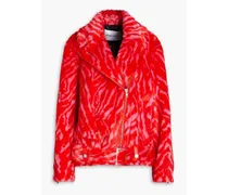 Leana zebra-print faux fur biker jacket - Red