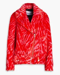 STAND Leana zebra-print faux fur biker jacket - Red Red