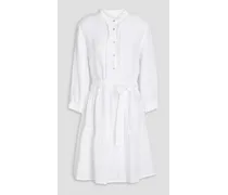 Lace-trimmed belted linen mini dress - White