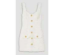 Button-embellished metallic cotton-blend bouclé mini dress - White