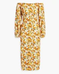 Onia Off-the-shoulder shirred floral-print linen-blend midi dress - Orange Orange