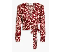 Cropped pleated printed crepe de chine wrap blouse - Red