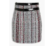 Faux patent leather-trimmed metallic tweed mini skirt - Blue