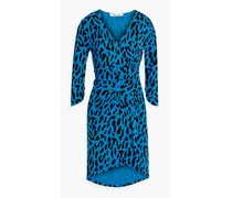 Pleated leopard-print stretch-jersey mini dress - Blue