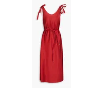 Faux leather-trimmed belted satin midi dress - Red