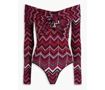 Fold-over twist-front crochet-knit bodysuit - Red