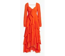 Asymmetric ruffed tiered crepe dress - Orange