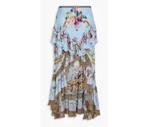 Embellished ruffled floral-print silk crepe de chine maxi skirt - Blue