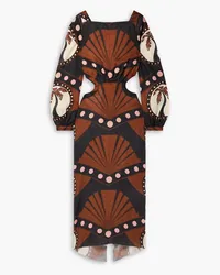 Johanna Ortiz Confianza Colectiva cutout printed linen midi dress - Brown Brown