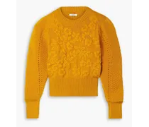 Embroidered pointelle-knit merino wool sweater - Yellow