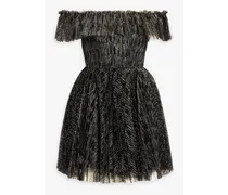 Off-the-shoulder ruffled glittered tulle mini dress - Black