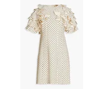Ruffled polka-dot wool and silk-blend crepe mini dress - White