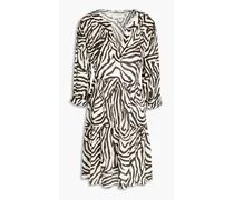 Tiered zebra-print woven mini dress - White