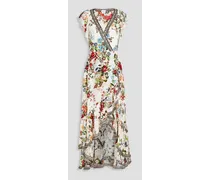 Embellished floral-print silk crepe de chine midi wrap dress - White