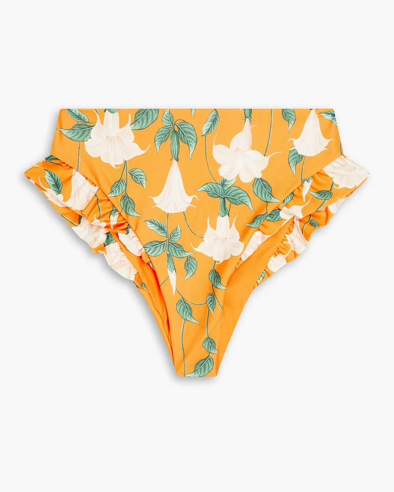 AGUA BENDITA Jengibre ruffled floral-print recycled bikini bottoms - Orange Orange