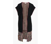 Fringed intarsia knit-paneled cable-knit cotton cardigan - Black