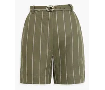 Lavinia belted striped linen-blend shorts - Green