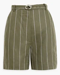 NICHOLAS Lavinia belted striped linen-blend shorts - Green Green